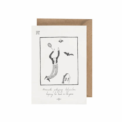 Dracula playing batminton keeping his head in the game, A6 with Recycled Envelope