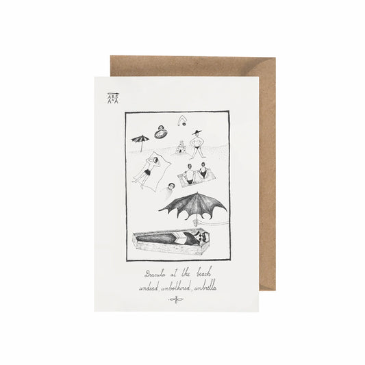 Dracula at the beach, undead, unbothered, unbrella, A6 with Recycled Envelope