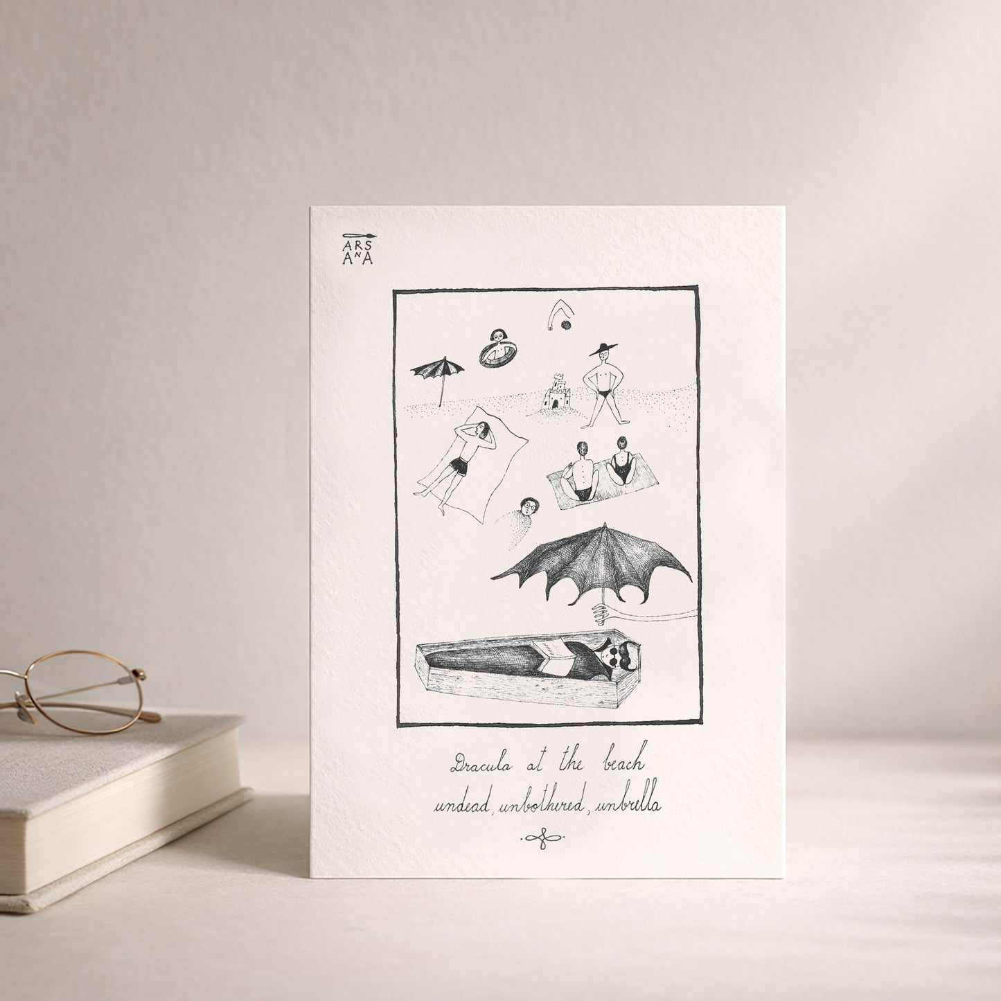 Dracula at the beach, undead, unbothered, unbrella, A6 with Recycled Envelope