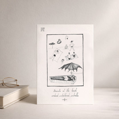 Dracula at the beach, undead, unbothered, unbrella, A6 with Recycled Envelope