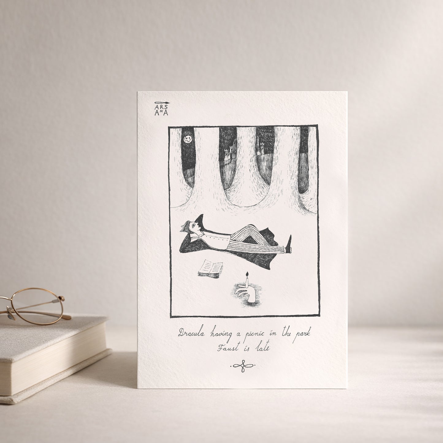 Dracula having a picnic in the park, Faust is late, A6 with Recycled Envelope