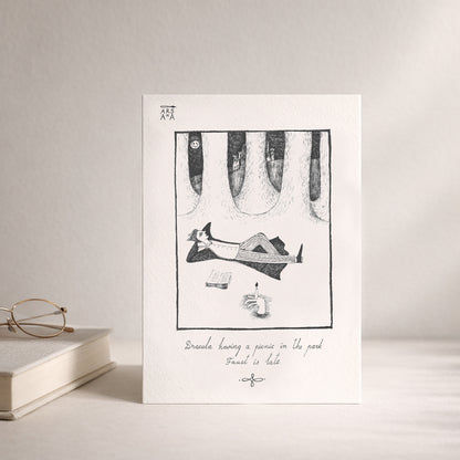 Dracula having a picnic in the park, Faust is late, A6 with Recycled Envelope