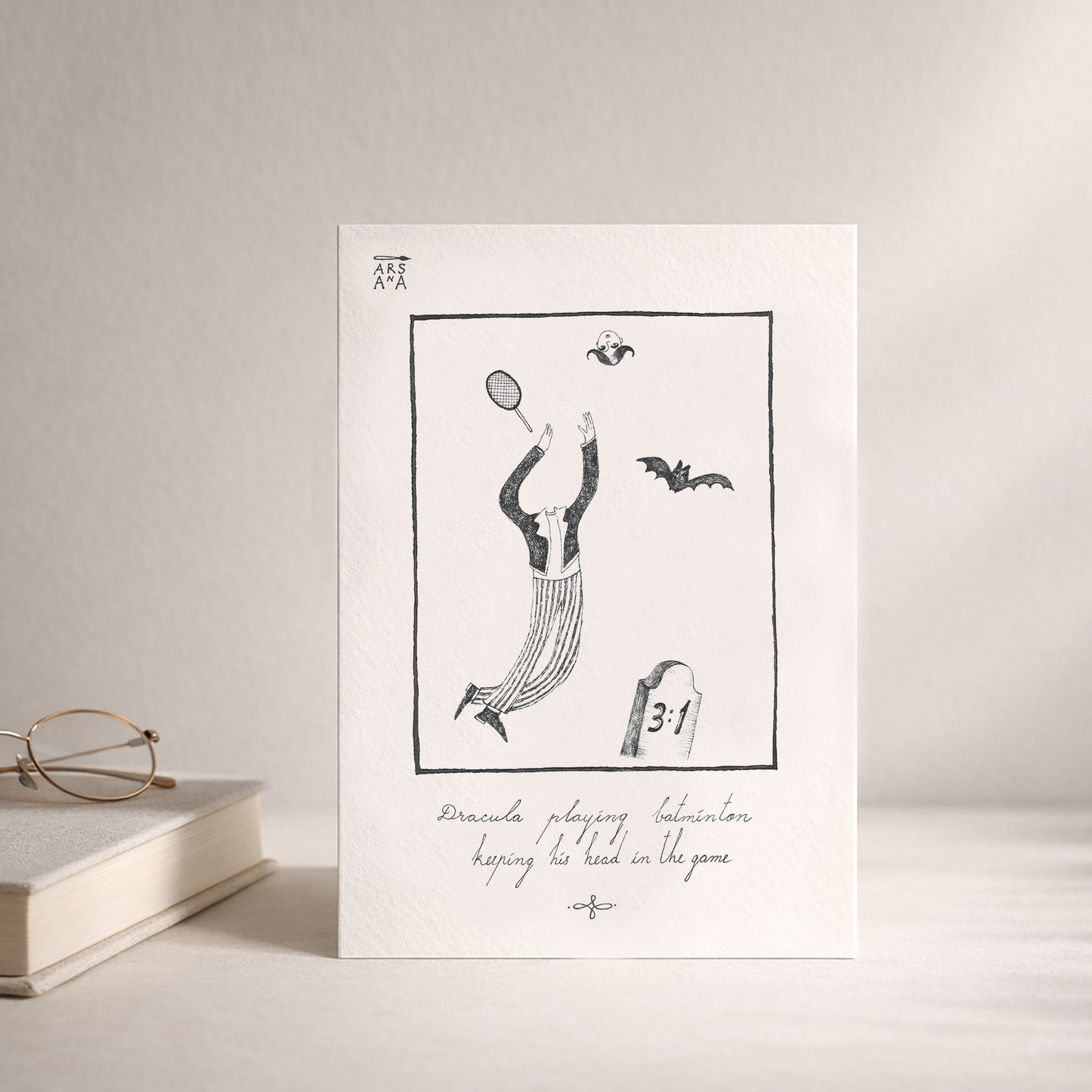 Dracula playing batminton keeping his head in the game, A6 with Recycled Envelope