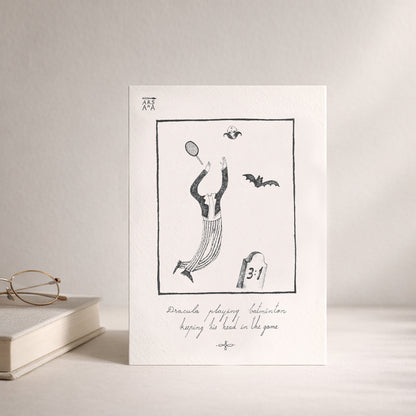 Dracula playing batminton keeping his head in the game, A6 with Recycled Envelope