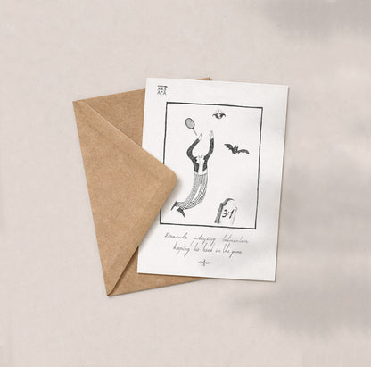 Dracula playing batminton keeping his head in the game, A6 with Recycled Envelope