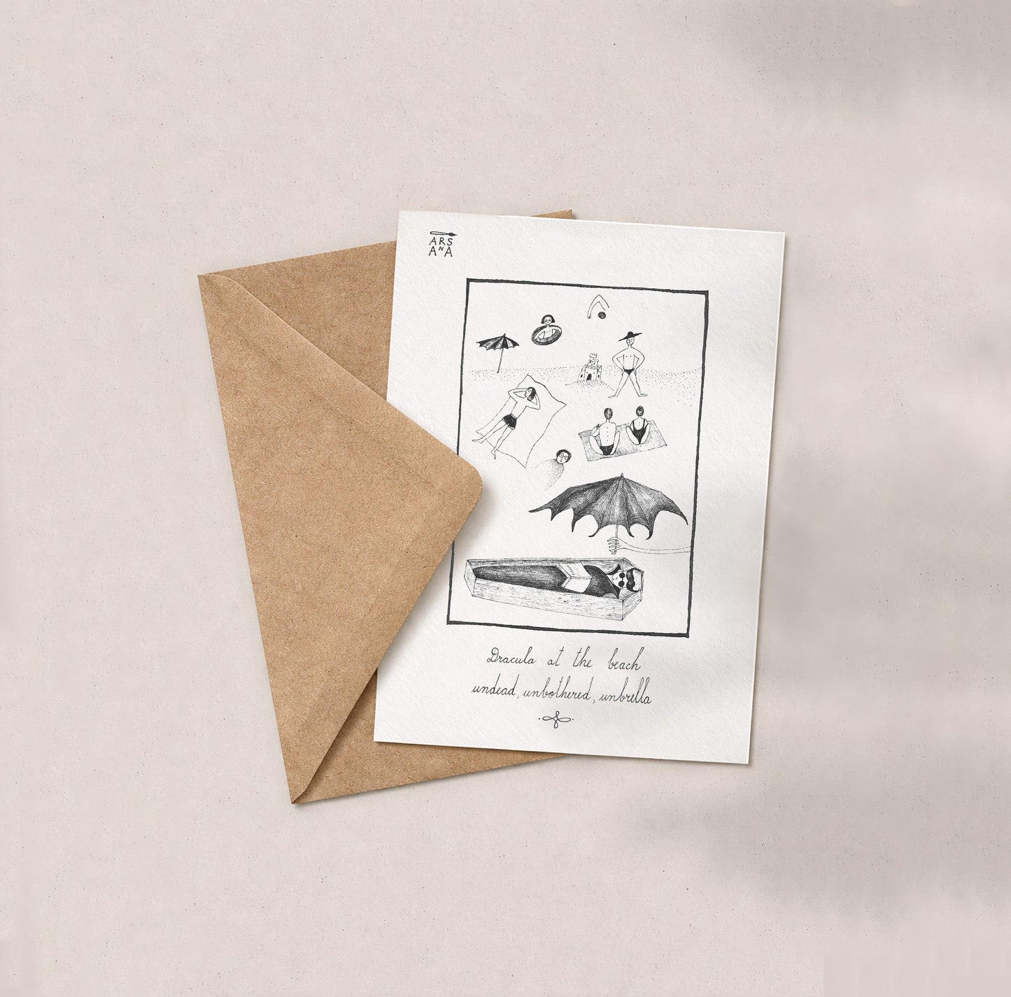 Dracula at the beach, undead, unbothered, unbrella, A6 with Recycled Envelope