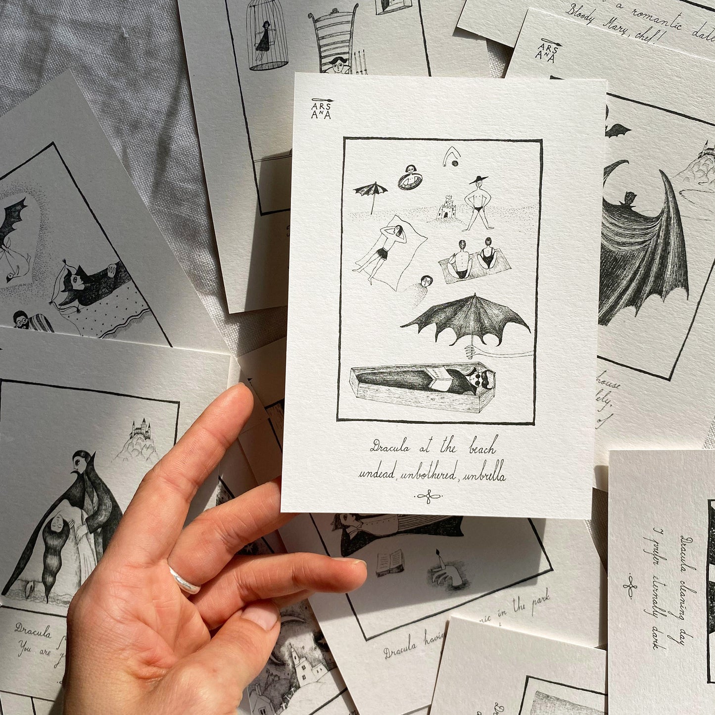 Dracula at the beach, undead, unbothered, unbrella, A6 with Recycled Envelope