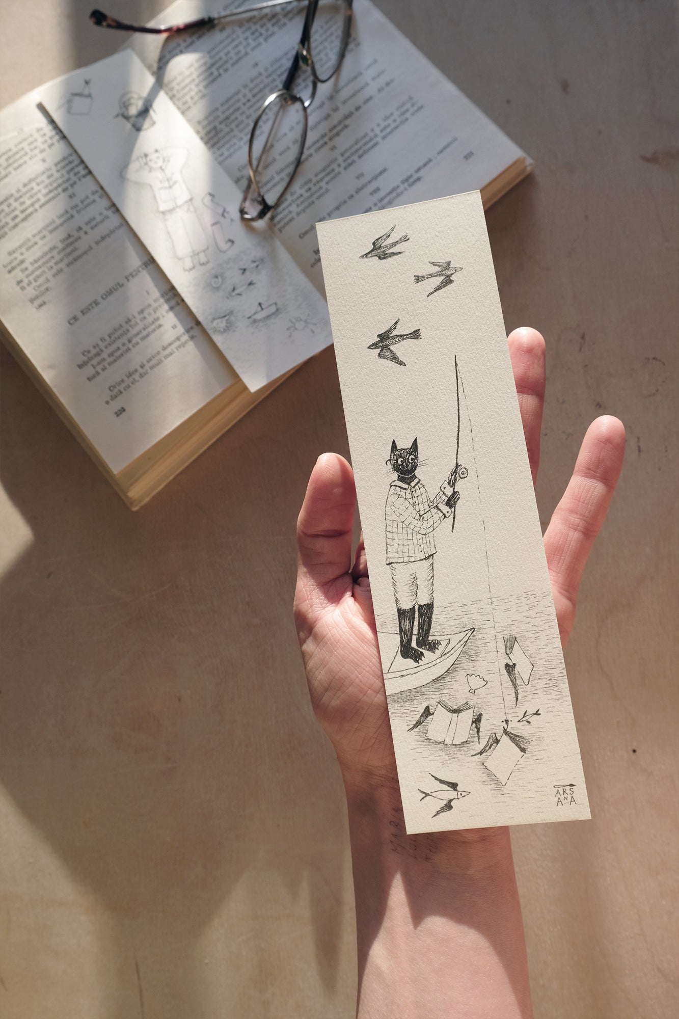 Fishing Cat Bookmark, Illustrated Literary Gift for Book Lovers