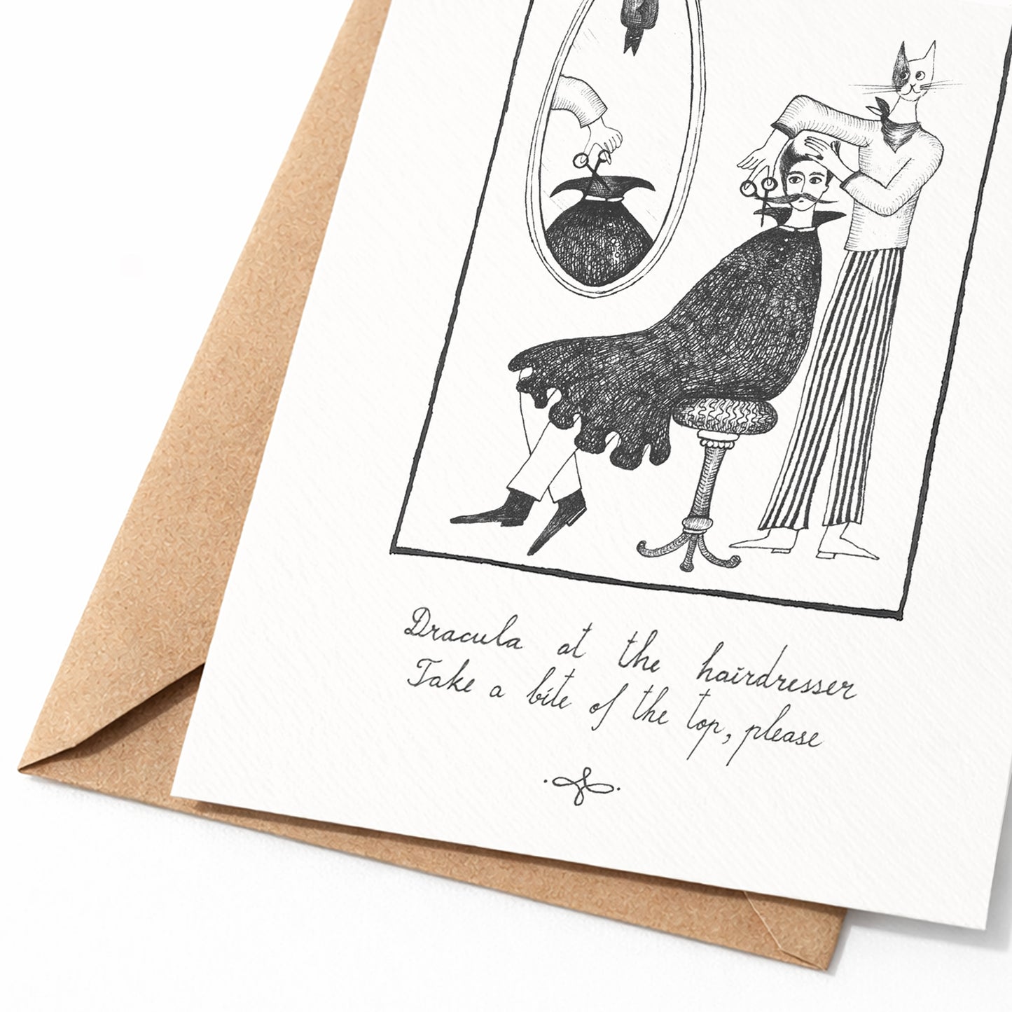 Dracula at the hairdresser, Take a bite of the top, please, A6 with Recycled Envelope