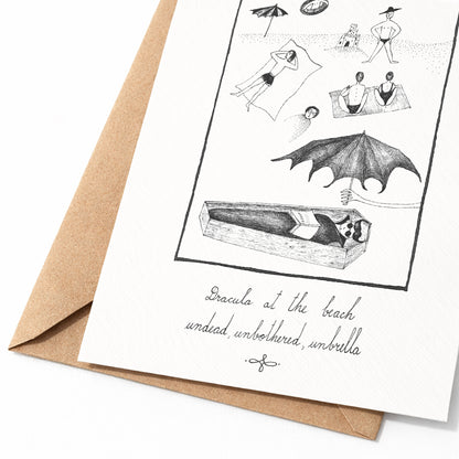 Dracula at the beach, undead, unbothered, unbrella, A6 with Recycled Envelope